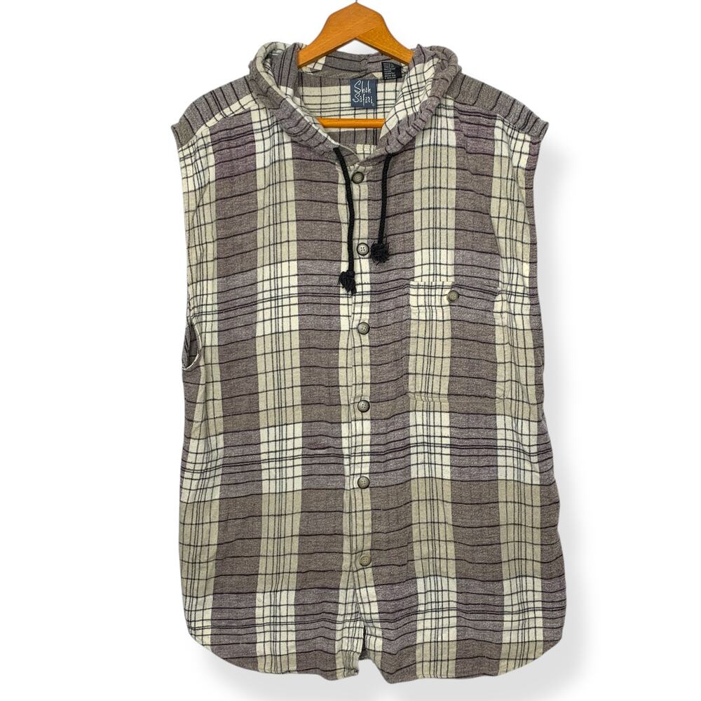 Vintage 90s Shah Safari Men's Tan Plaid Sleeveless Hooded Flannel Shirt Large
